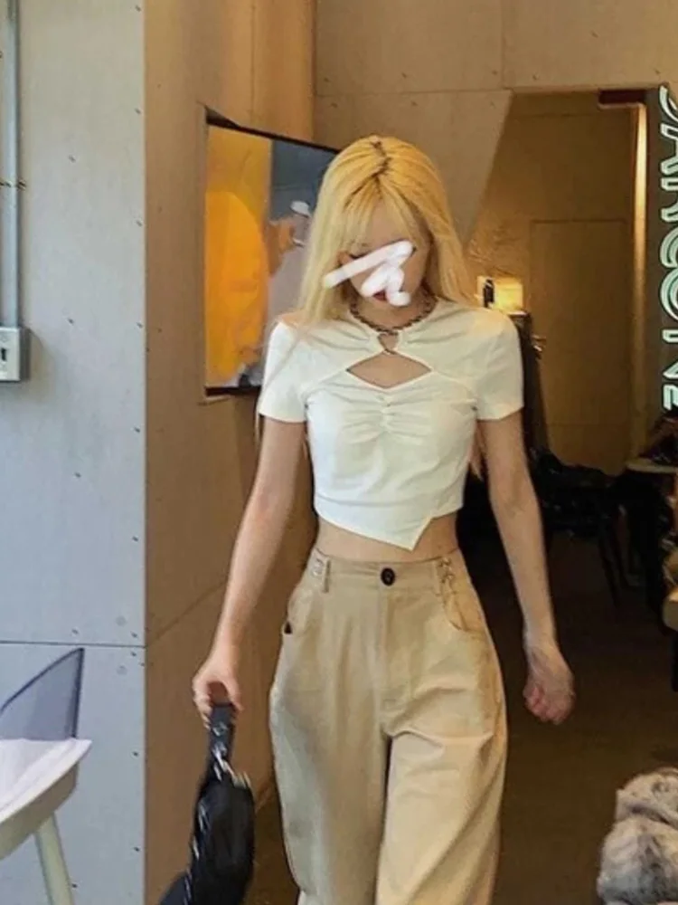 High Street Short Sleeve T-shirt Women Summer Hollow Out Slim Design Ins Korean Style Above Navel Cropped Top All-match