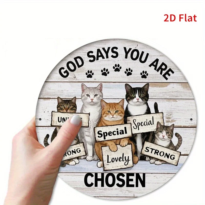 [2D Flat] 8x8 Inch Vintage Cat-Themed Round Metal Tin Sign - 