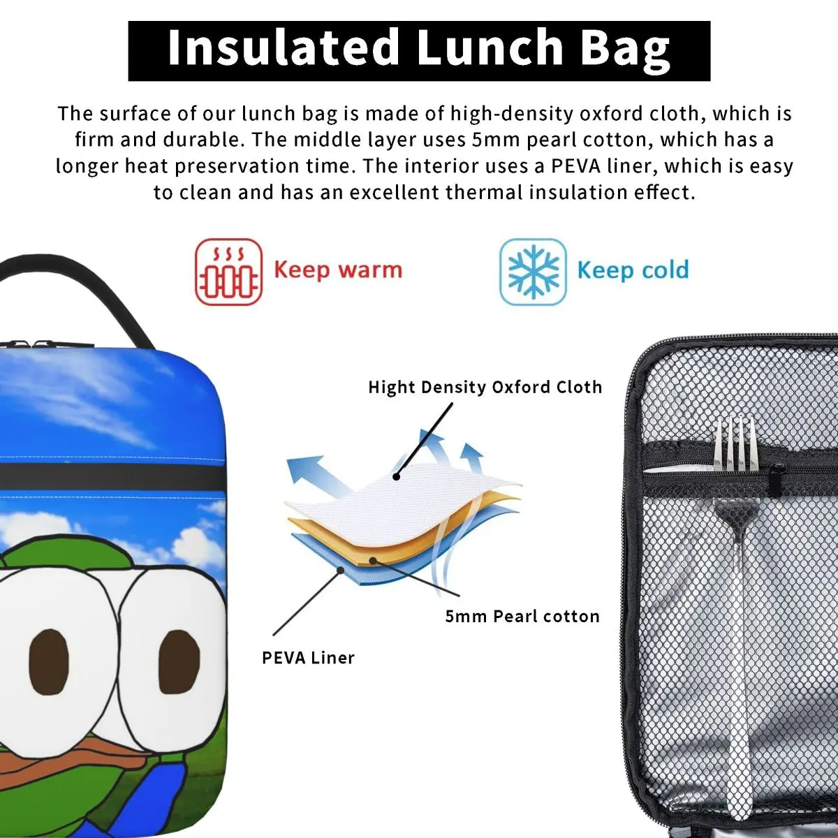 Pepe The Frog Peepo Emote Insulated Lunch Bag for Women Kids Portable Food Boxes Thermal Lunch Box Tote