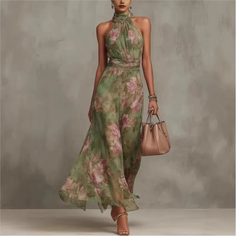 Damen Grünes Blumenmuster Neckholder Maxikleid Ärmellos Hochgeschlossen Geraffte Taille Chiffon Fließendes Abendkleid