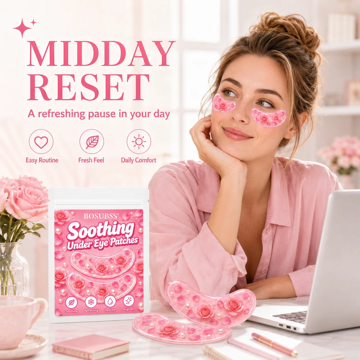10PCS/5Pairs Rose Floral Under Eye Beauty Patches, Soft Gel-Feel Curved Eye Patches with Easy-Peel Design for Daily Self-Care