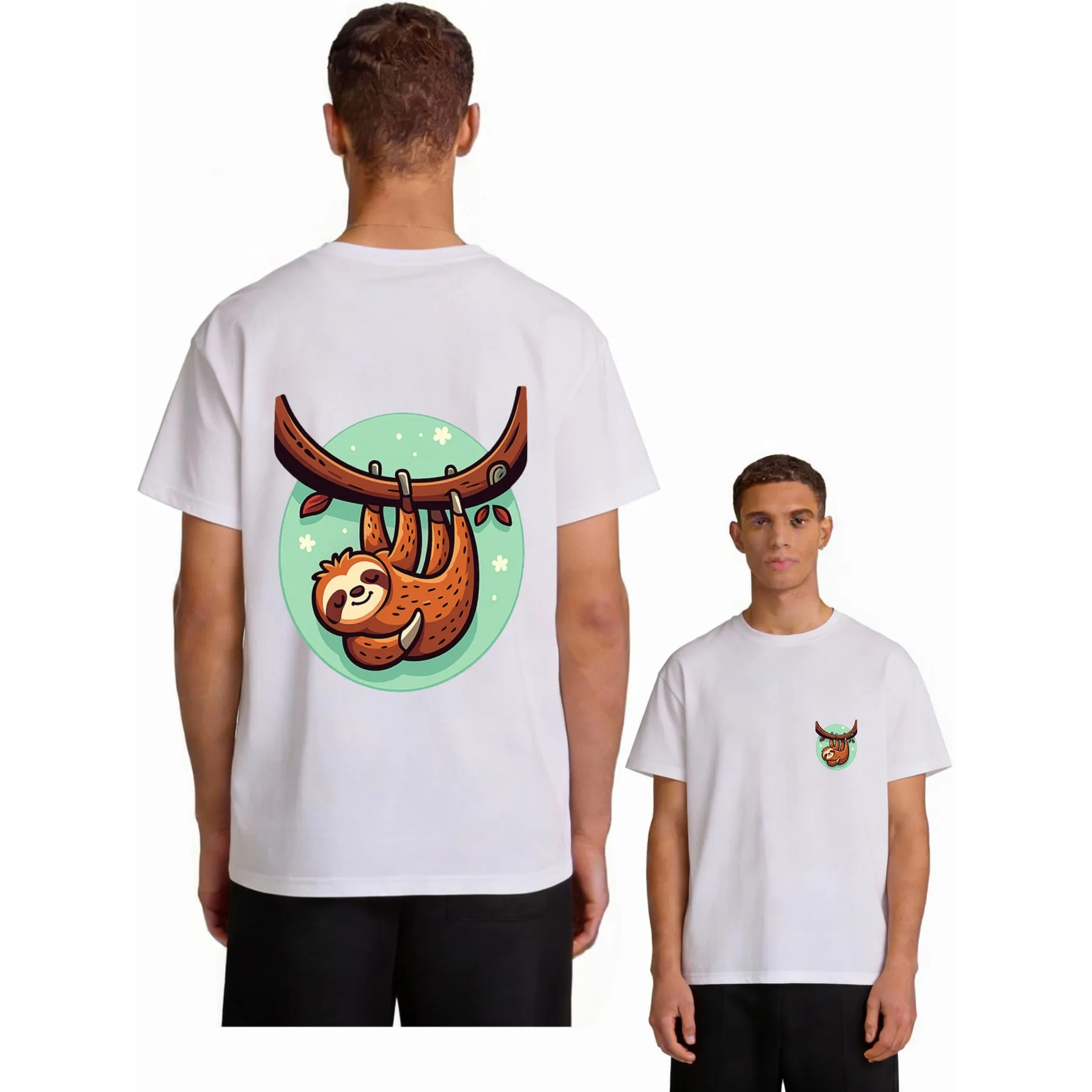 Sloth Hanging On Branch Starry Background Graphic Tee Casual Cotton Print T-Shirt