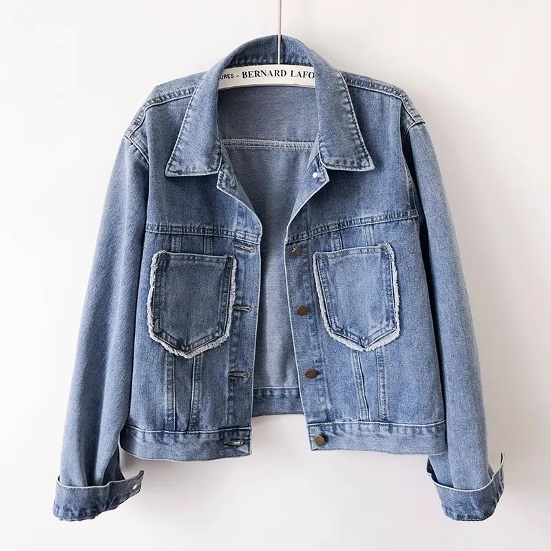 

Vintage Light Blue Frayed Big Pocket Denim Jacket Women Loose Short Cowboy Outerwear Autumn Korean Casual Jeans Jacket Female