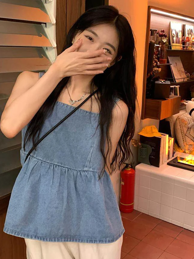 

Loose plus Size Denim Vest Women Summer Knot Backless Strap Doll Shirt Top Sweet Style Skin-friendly Breathable