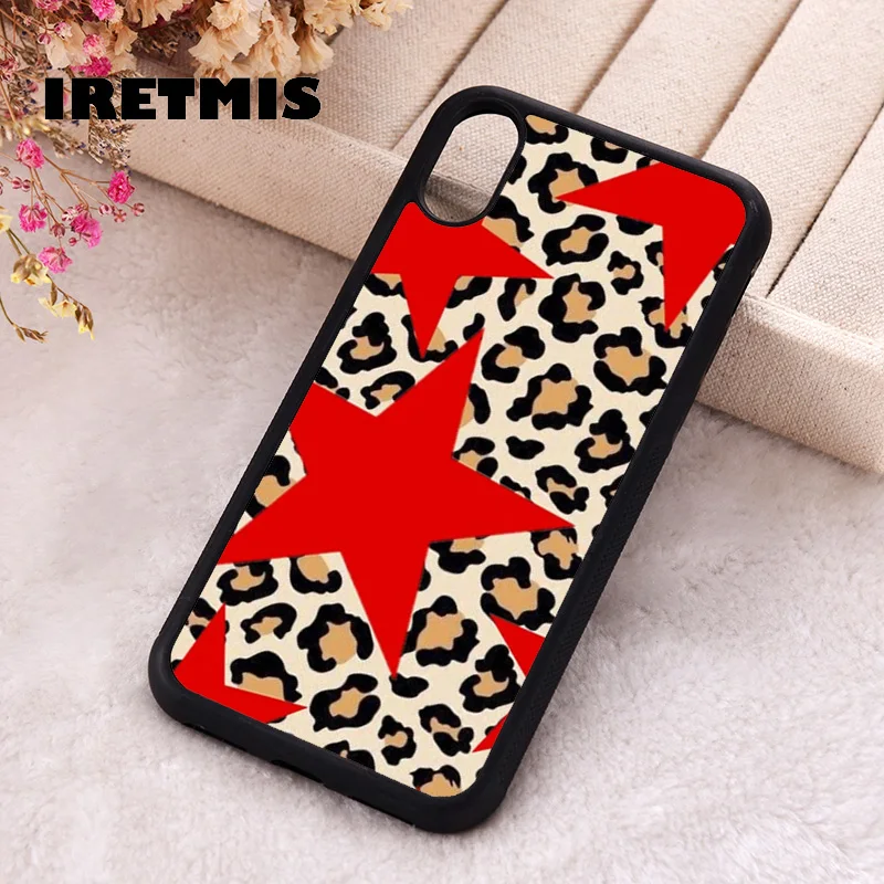 Iretmis Phone Cover Case For iPhone X XS Max XR 11 12 13 PRO MINI 14 15 16 Plus Rubber Silicone Cheetah Print With Red Stars