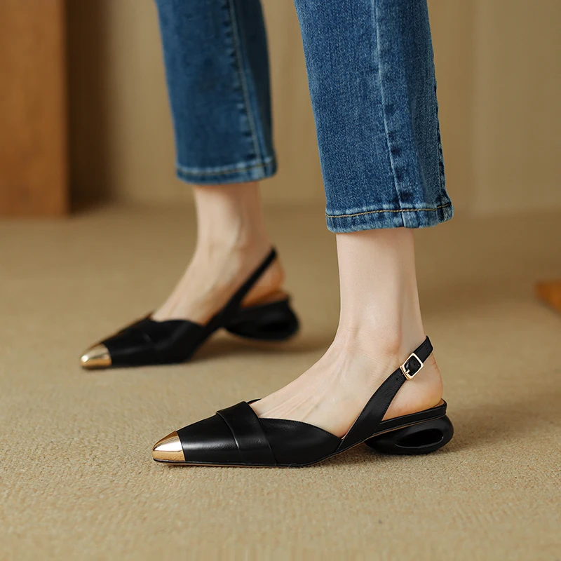 2024 New Summer Fashion Women Shoes Genuine Leather Pointed Toe Women Sandals Chunky Heel Shoes for Women Soft Mid Heel Sandal