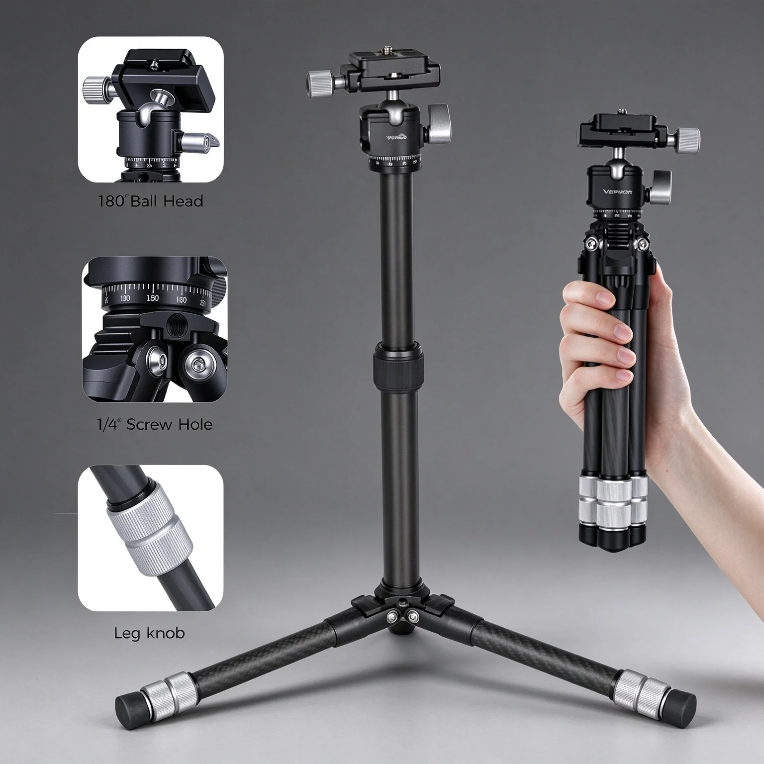 Portable Carbon Fiber Tripode Lightweight Travel Stand Tabletop Video Mini Tripod with 360°Ball Head for Camera DSLR Mobilephone