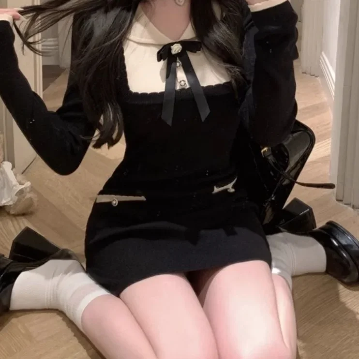 جديد وصول كتلة اللون فراشة عقدة محبوك فستان المرأة الخريف الخصر Cinched قصيرة تنورة صغيرة أنيق أسود Bodycon فستان #2