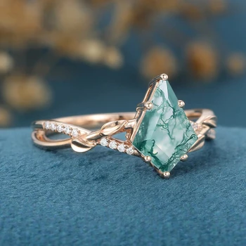 Moss agate 925 silver wedding rings kite shaped natural green agate zircon ring elegant lady jewelry