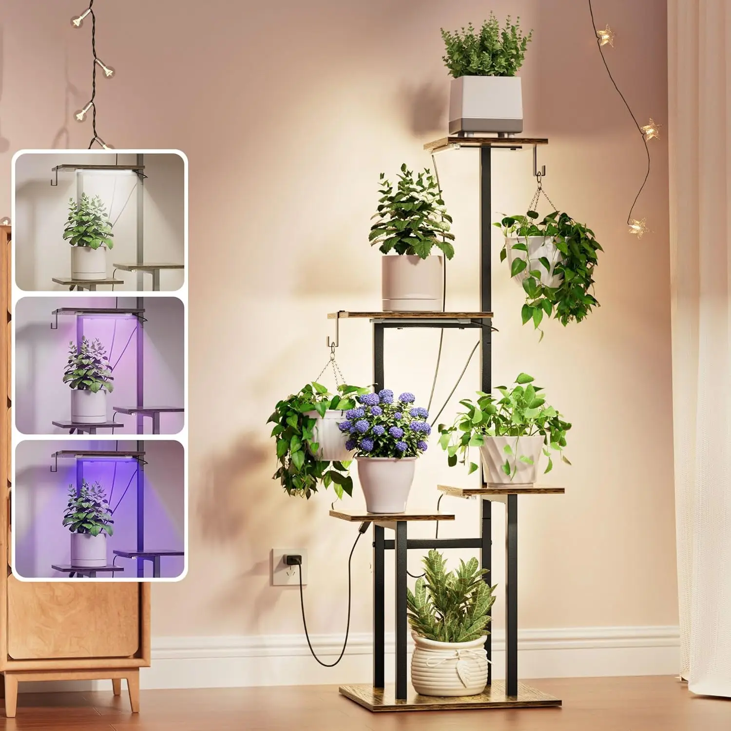 

46" Metal Corner Plant Shelf with 3 LED Grow Lights, 5-Tiered Tall Holder for Indoor Living Room Garden Patio