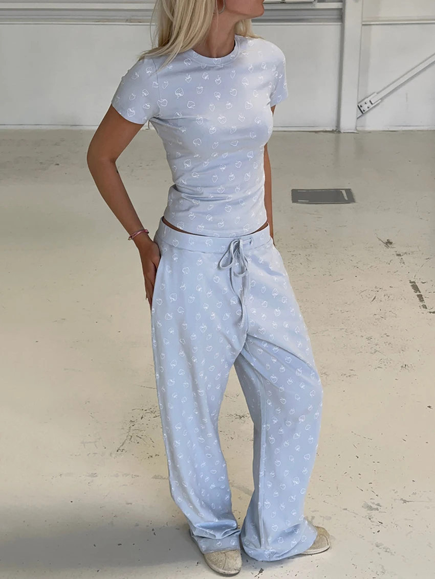 Marthaqiqi Printing Women Pajamas Set Short Sleeve Sleepwear Sexy Corp Top Nightie O-Neck Nightgowns Pants Ladies Nightwear Suit