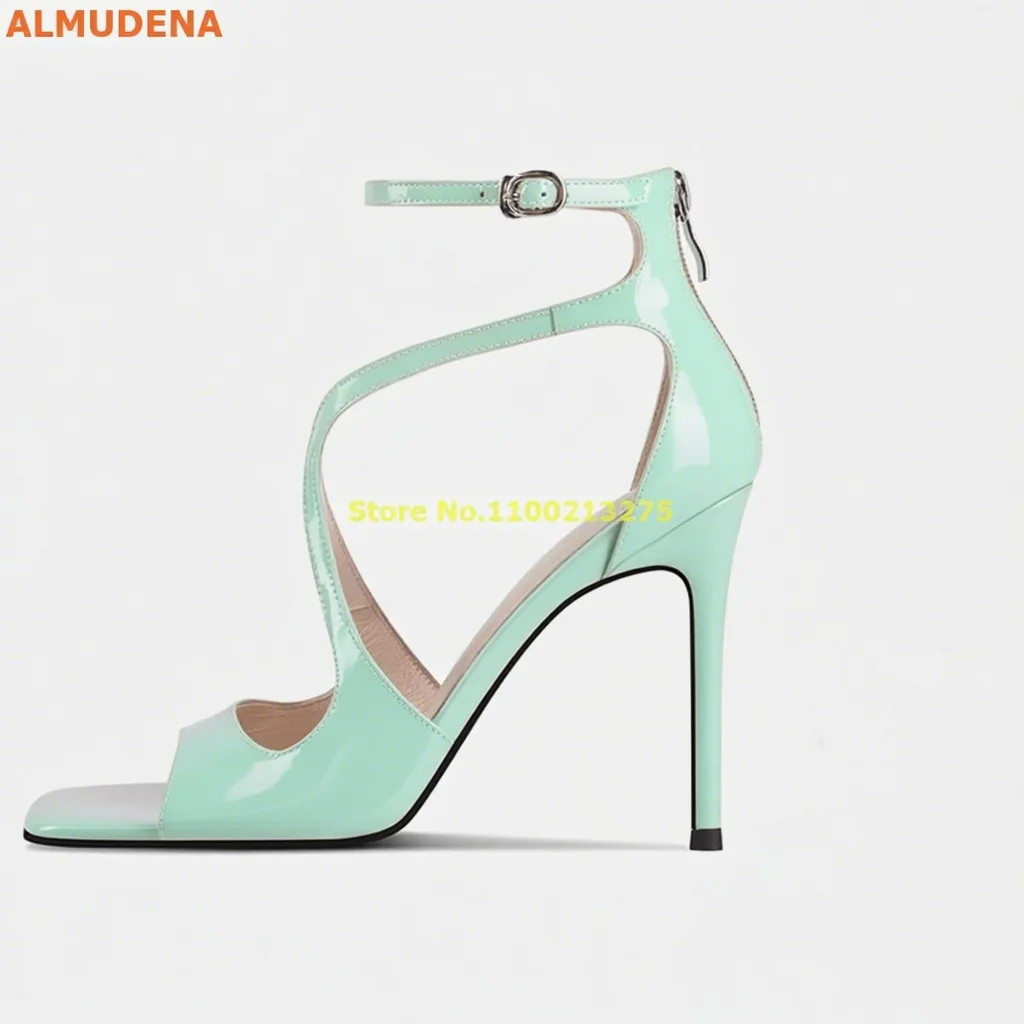 

Patent Leather Square Toe Sandals Top Quality Thin High Heel Cross Strap Stiletto Thin Heel Fashion Women Dress Summer Shoe