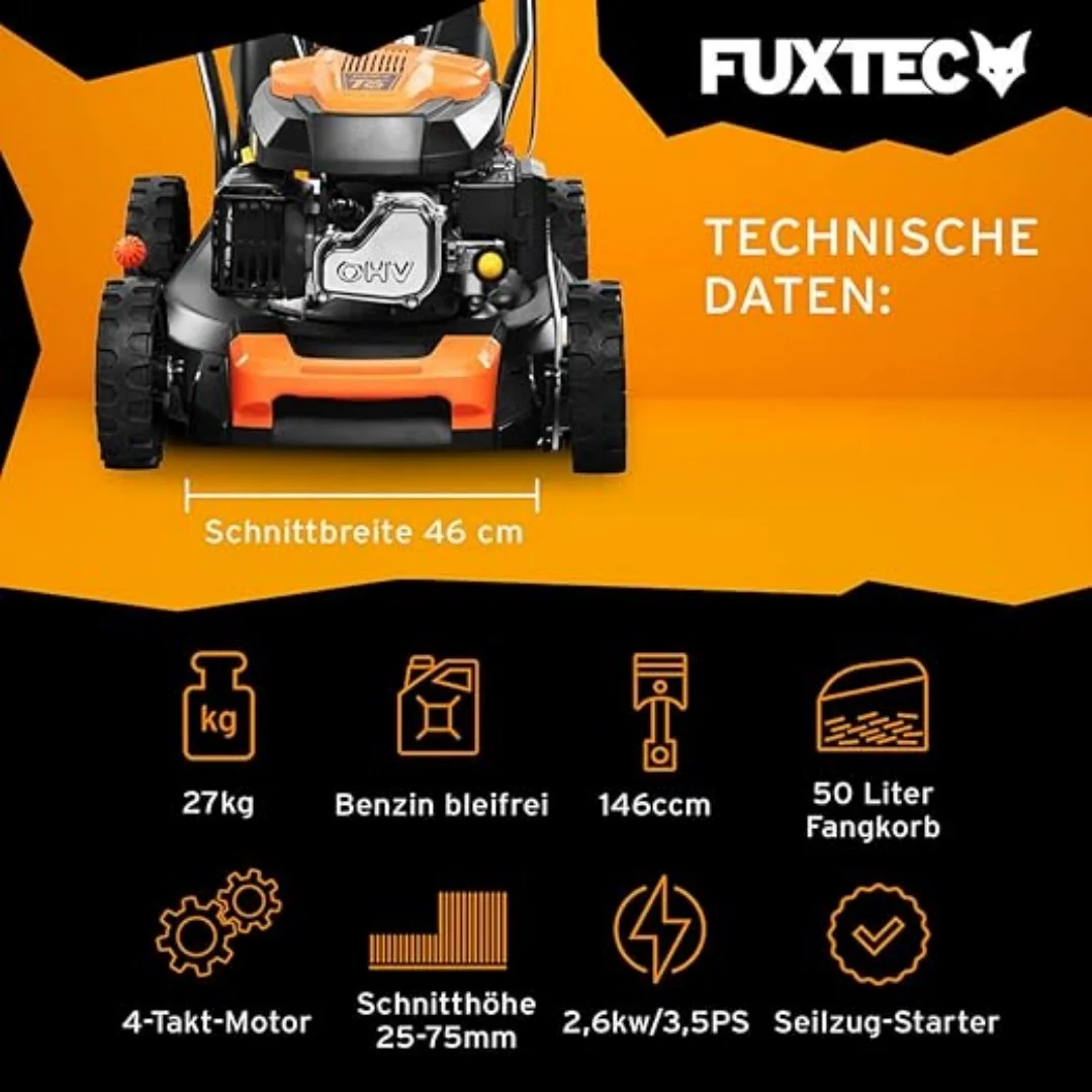 3in1 petrol lawn mower FX-RM4646ECO 3.5 hp/2.6kW | 46cm cutting width & 7-stage cutting height adjustment 25-75mm | 4-tak