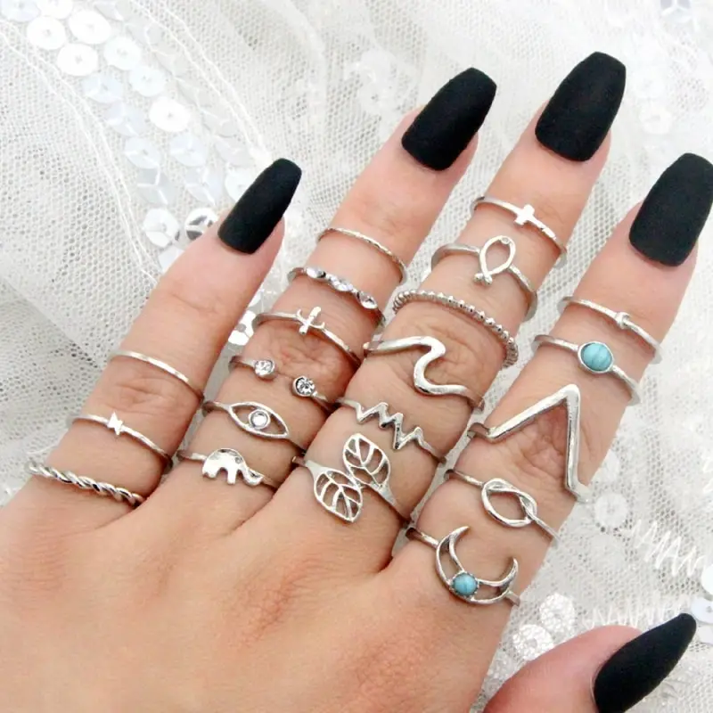 Picture: 20 Pieces Ring Set Ladies Exaggerated Style Elephant Cross Moon Turquoise And Other Even Size Set Ring Jewelry