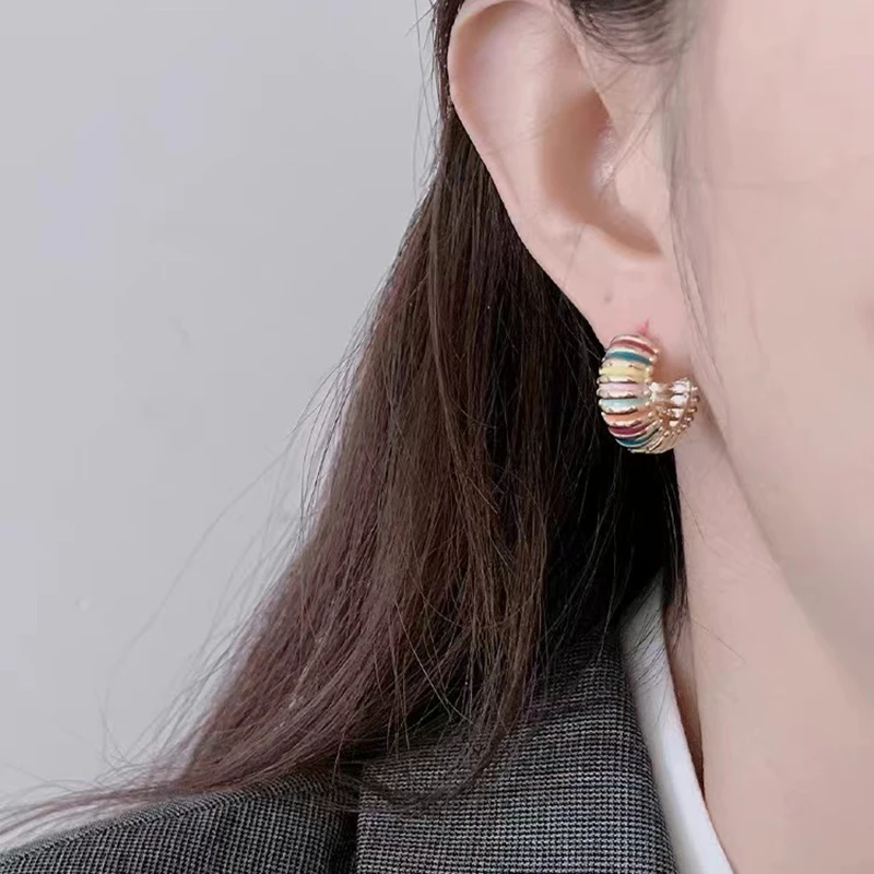 New Design Colorful Enamel Stripe Metal Circle Earrings 2024 Fashion Gold Color Jewelry Luxury Ear Accessories for Womens Girls