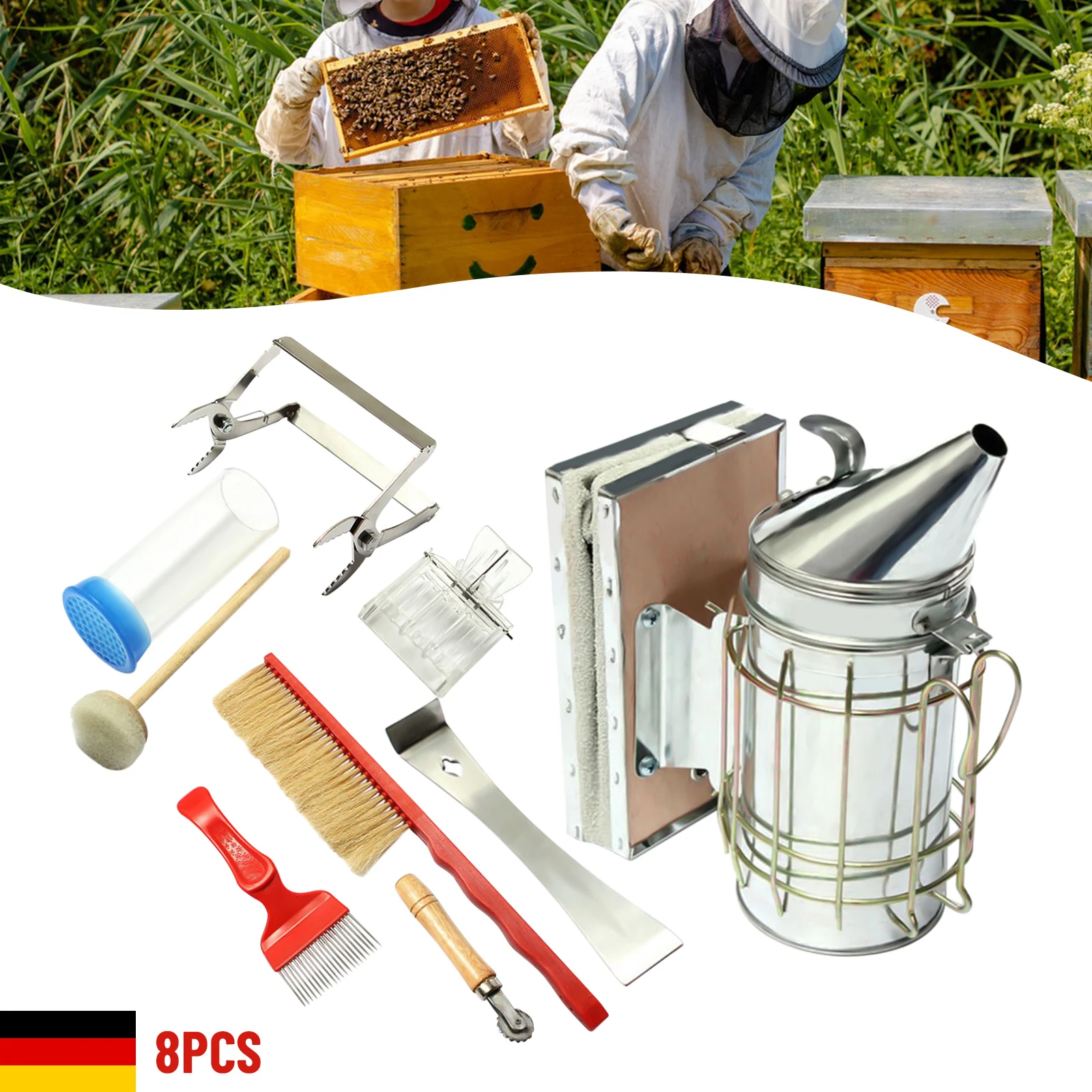 7Piece Set Beekeeping+Manual Smoke Sprayer 8 IN 1 Stainless Steel Beekeeping Tools Kit Functional Bee Brush Extracting Equipment