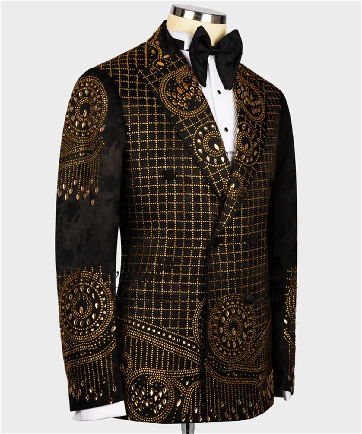 الذهب الأسود أصيلة المطرزة البدلات الرسمية الرجال الدعاوى مخصصة موضة الجاكار الذكور حفلة موسيقية السترة 2 قطعة مجموعات pantalones hombre