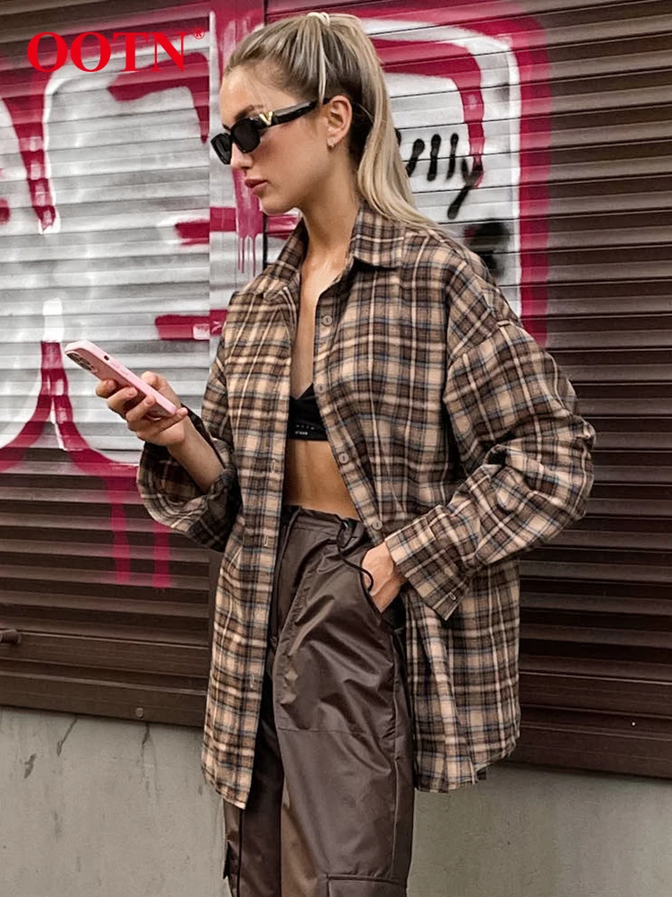 OOTN Street Chic Loose Plaid Button Up Shirts Autumn Casual Long Sleeve Tops Women Cotton Single Breasted Lapel Blouse 2023