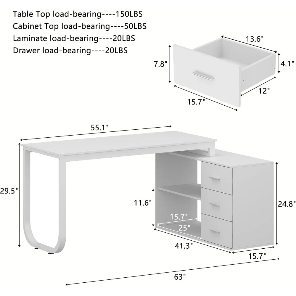 55 Inch L Shaped Office Desk with 3 Drawers & 2 Shelves，Executive Writing Sturdy Desk with Metal Legs，Reversible Computer Desk