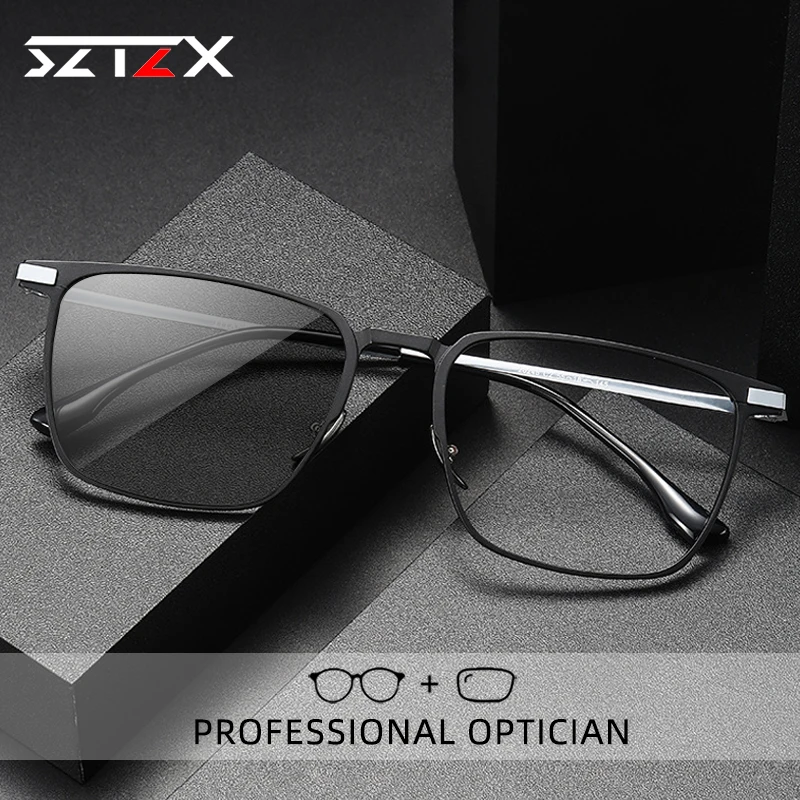 

SZTZX Aluminum Reading Glasses Men Fashion Square Frame Photochromic Anti Blue Ray Myopia Glasses Prescription Optical Eyewear