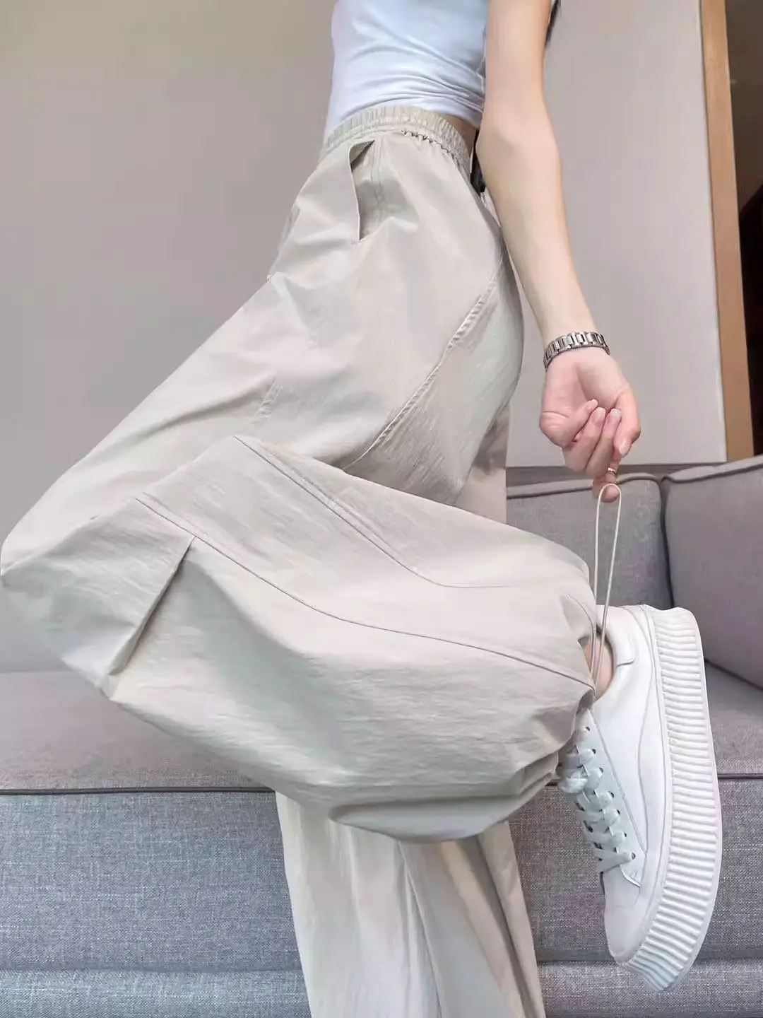

Casual American Workwear Trousers Women Summer Thin Loose High Waist Ice Silk Cool Quick Dry Nine Points Slim Fit Pants