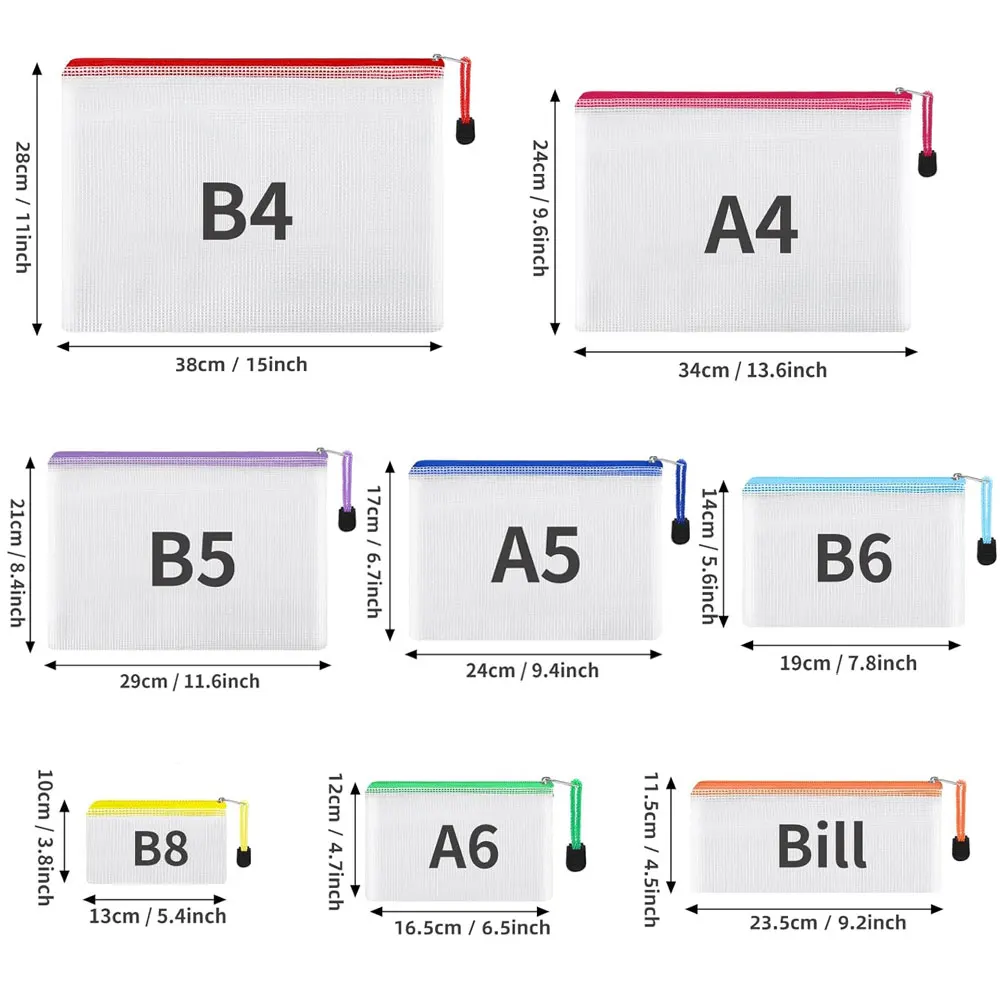 30PCS Mesh Zipper Storage Pouches, 8 Sizes 8 Colors, Multipurpose Organizer Bags for Documents, Stationery, Makeup and Travel