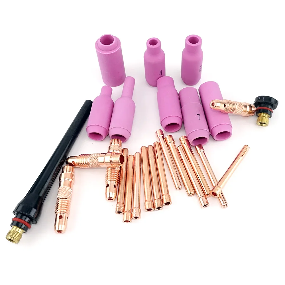 26pcs Argon TIG Welding Torch Consumable Tungsten Electrodes Collet Body Alumina Nozzle Long Short Cap WP18 WP17 WP26 TIG Kits