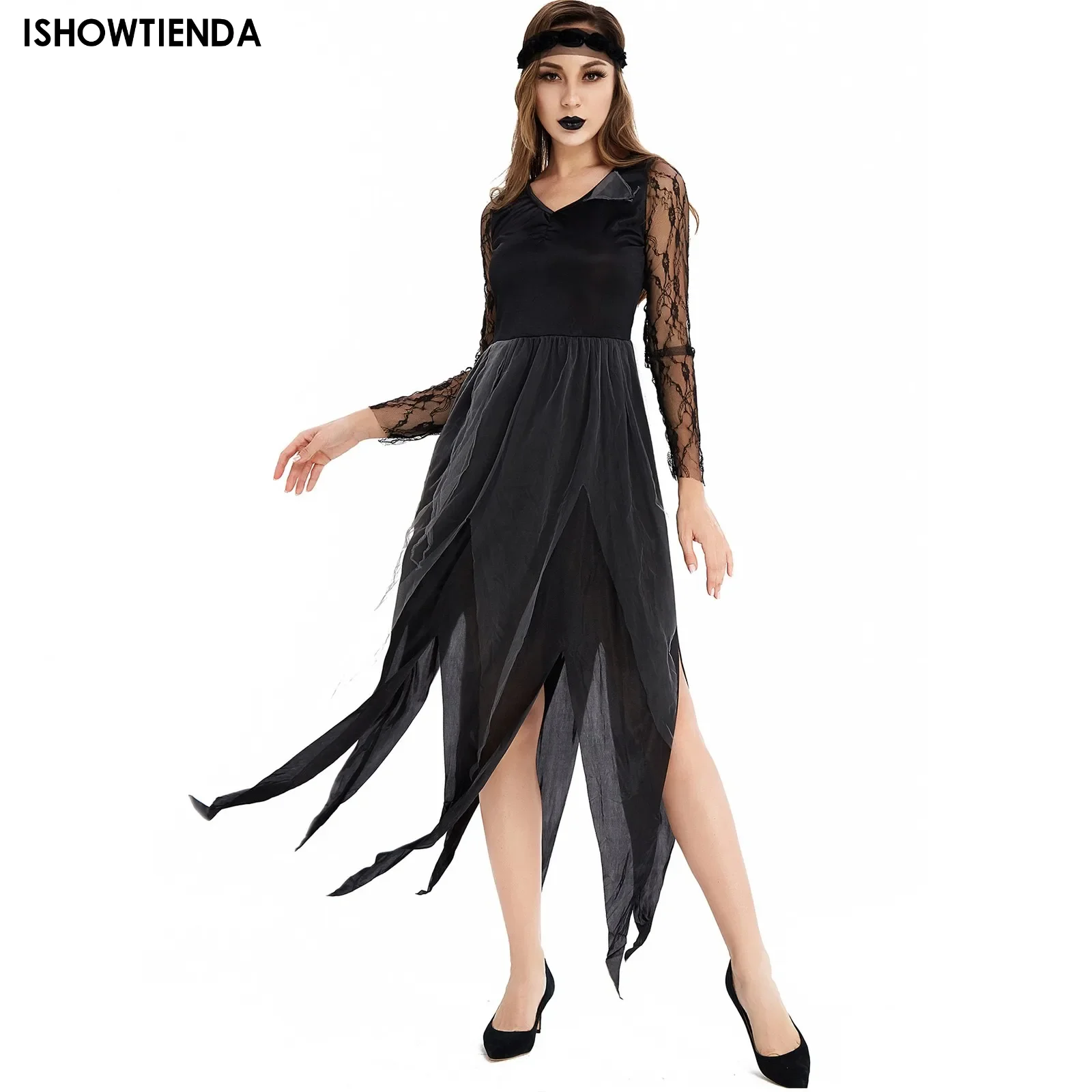 Halloween Nun Cosplay Costume Women Black Scary Sister Costumes Costume Print Long Dress Women'S Halloween Black Devil Dress