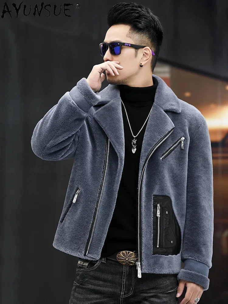 AYUNSUE Winter 100% Wool Coat Warm Coats Short Sheep Sheraling Jacket Fashion Men\'s Clothing Chaqueta Cuero Hombre New WPY4394