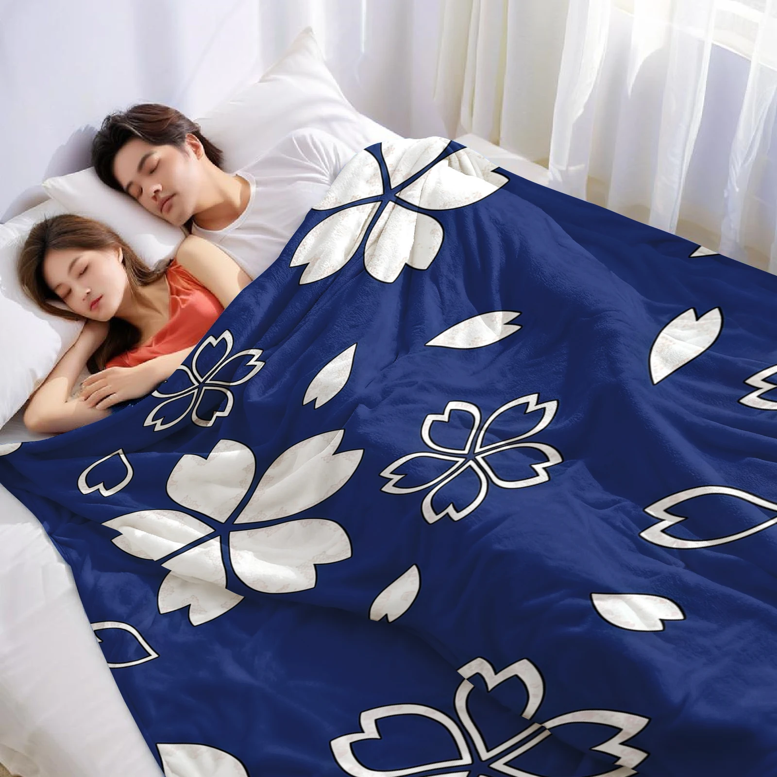 Navy Blue Cherry Blossom Ultra Soft Sherpa Fleece Blanket Fluffy Warm Halloween Cozy Throw for Couch Bedroom Gift All season