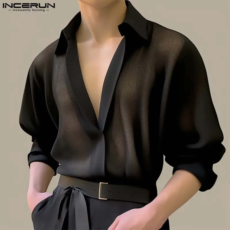 INCERUN 2024 Men Shirt Mesh Transparent Solid Color V Neck Long Sleeve Men Clothing Streetwear Sexy Loose Fashion Shirts S-5XL