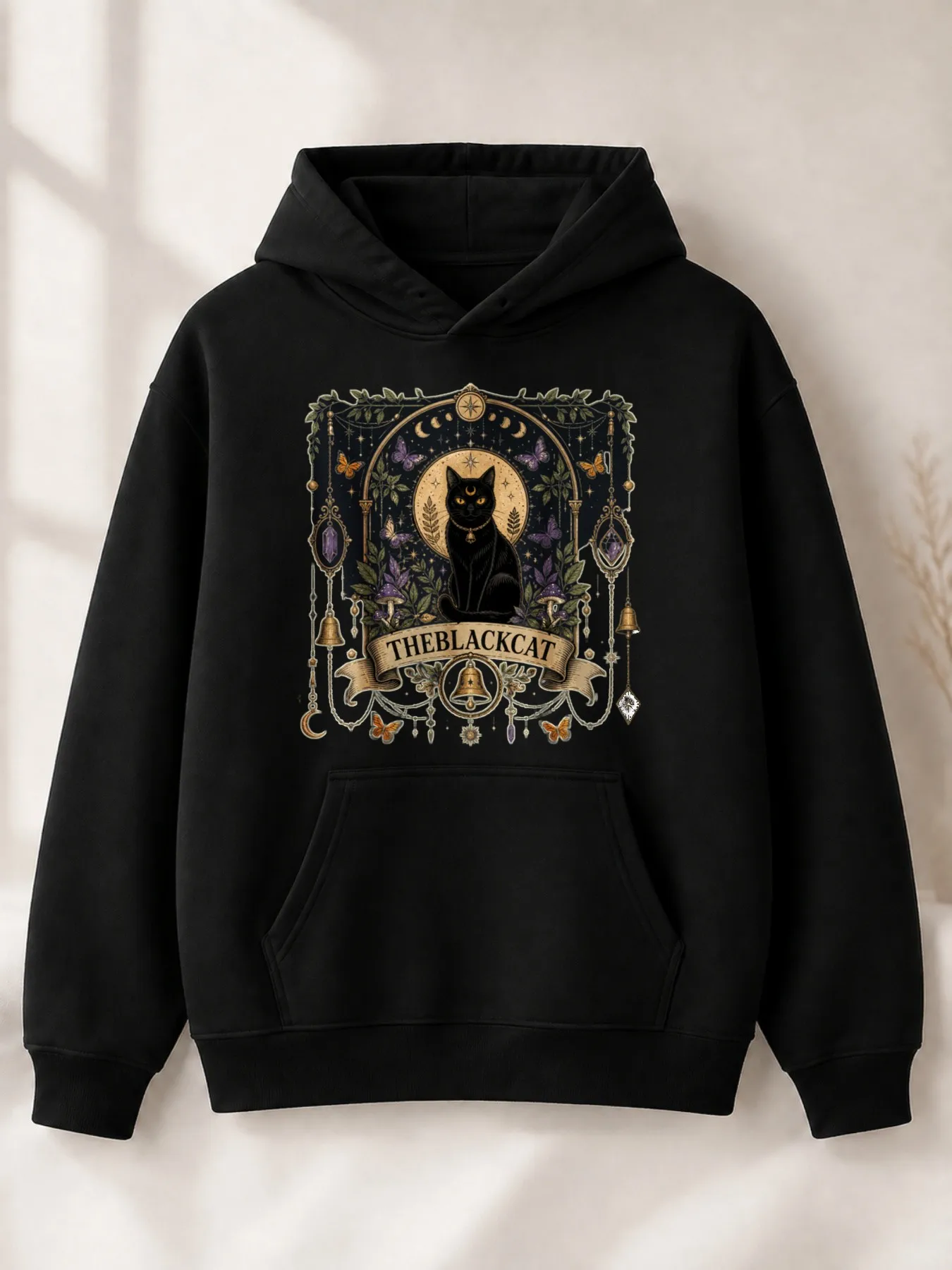 Mysterious Retro-Style Men's Hoodie with Cat, Moon, and Butterfly Designs, Suitable for Autumn and Winter Wear, a Gift for Cat Lovers and Fashion Enthusiasts Who Are into Witchy Styles