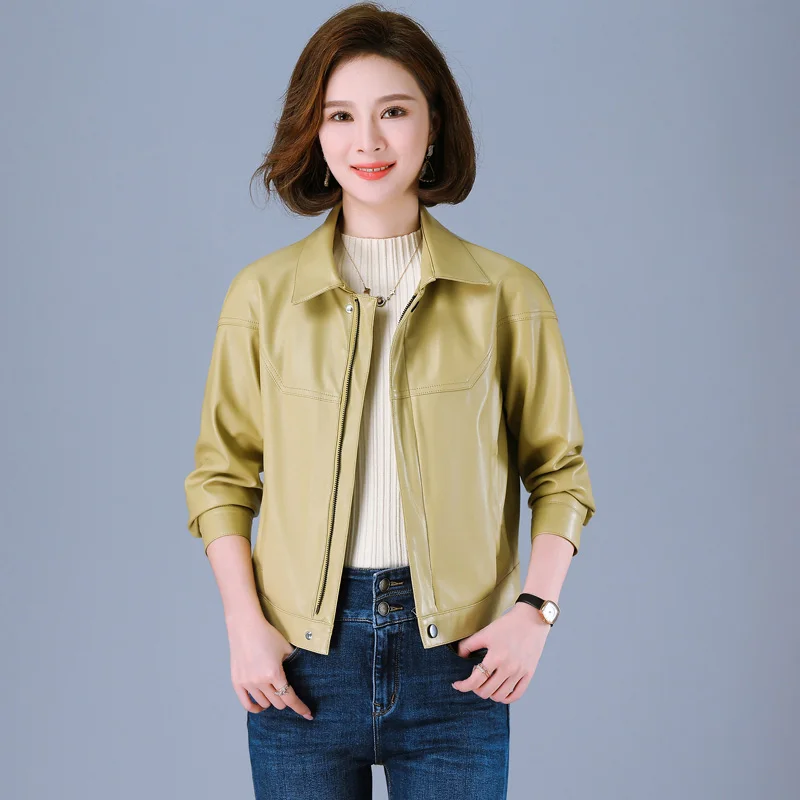 New Women Casual Leather Jacket Spring Autumn Fashion Turn-down Collar Long Sleeve Short Sheepskin Coat Split Leather Jacket