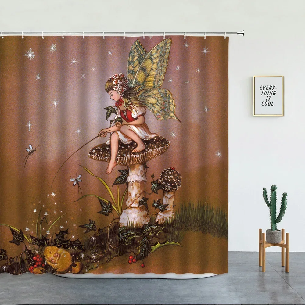 Beautiful Wing Elves Girl Shower Curtain Set Fantasy Enchanted Forest Home Bathroom Decor Mushroom Flower Plant Hanging Curtains