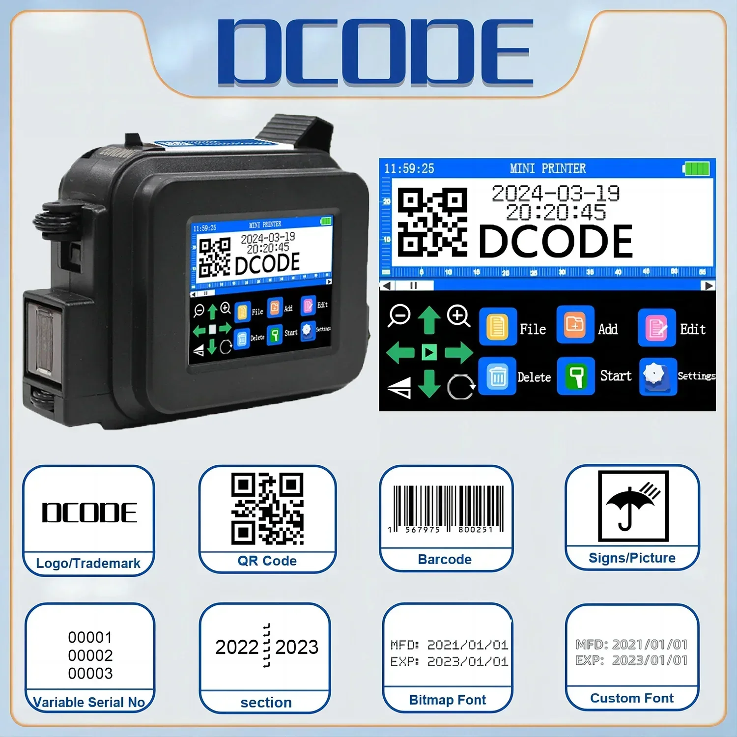 DCODE XMINI 12.7MM Portable Coder Handheld Inkjet Printer for Text QR Barcode Batch Number Logo Date Label with Fast-Dry Ink