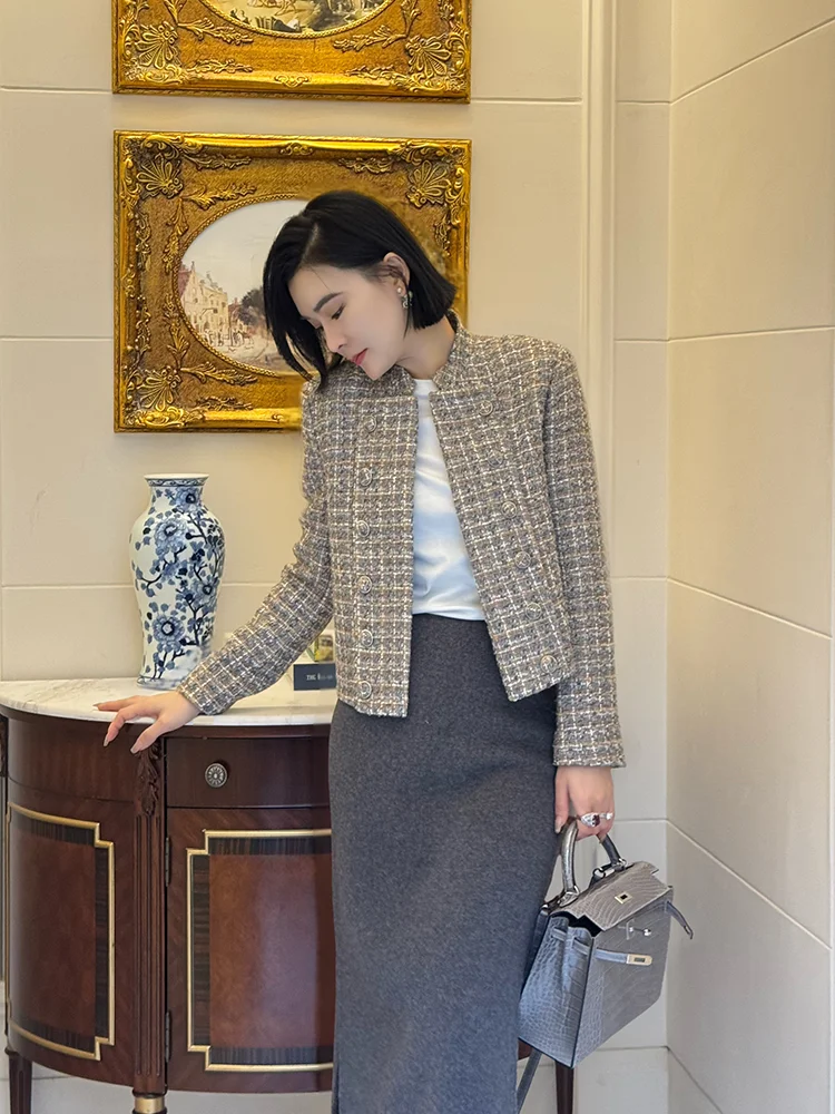 

Женское классическое твидовое пальто Ele Camere с воротником-стойкой и двубортной застежкой, роскошная модная верхняя одежда для осени и зимы