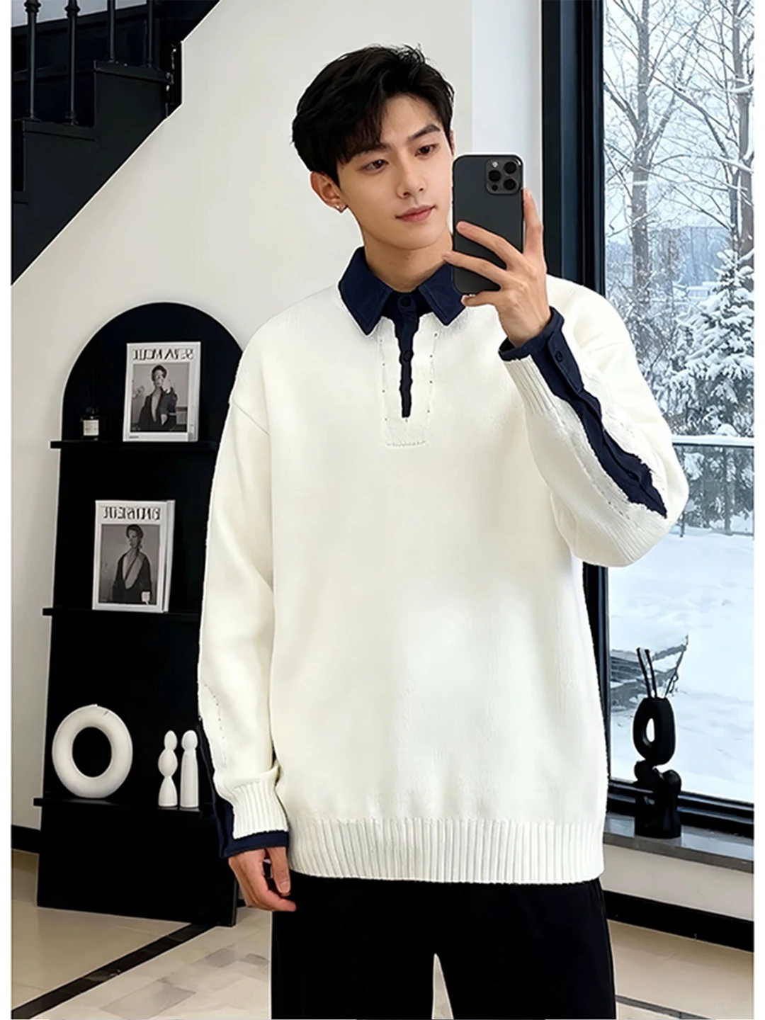 

Men's Knitted Long Sve irt Inner Wear irt Collar Fake Two-Piece Winter Casual Sle Polyester Fiber Comfortable Fit