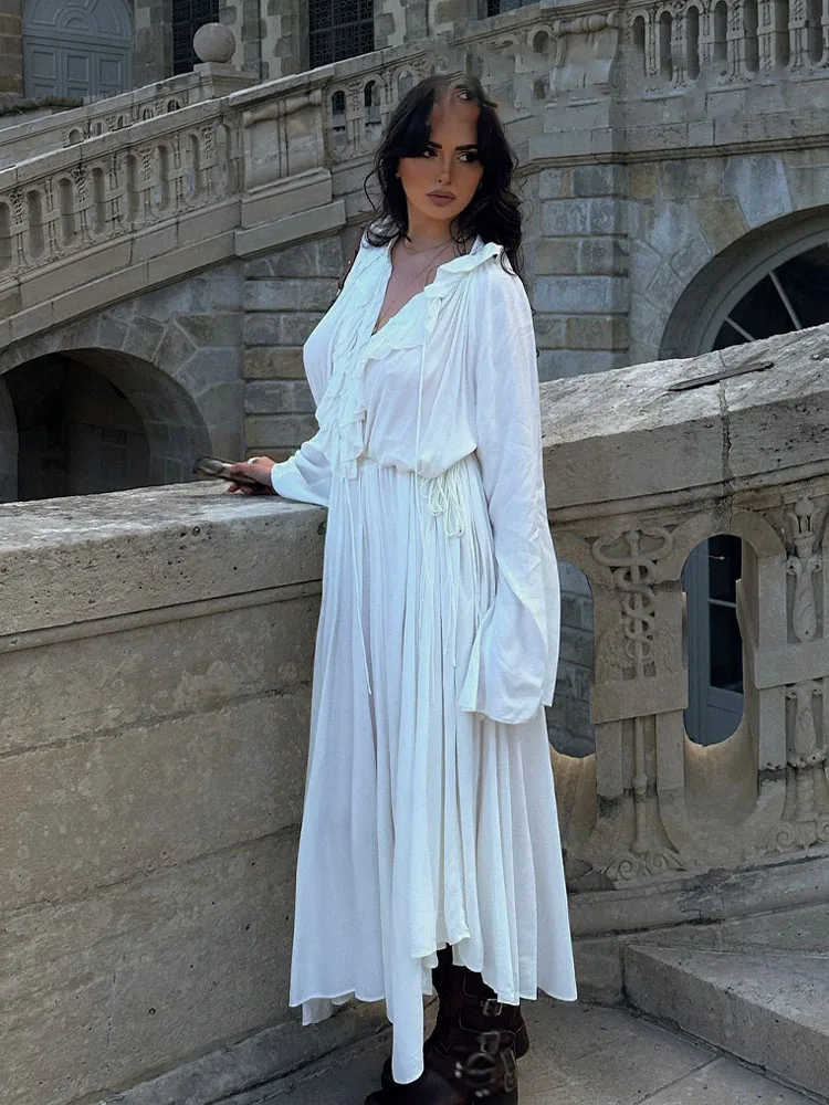 HH Zomer Mode Vrouwen Jurken Witte V-hals Lange Mouwen Volants Rand Lace-Up Decoratie Vrouwelijke Strand Stijl Lange Jurk