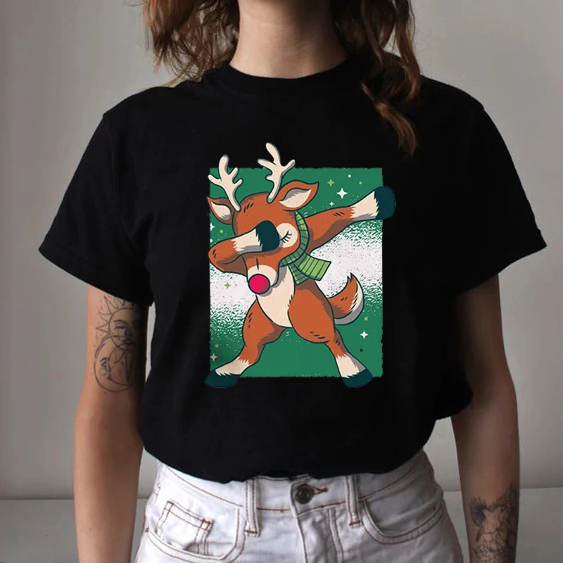 Funny Deer Santa Claus Merry Christmas T Shirt Reindeer Navidad T-Shirt Girl Harajuku Short Sleeve Tee Female 90S Clothes Tshirt