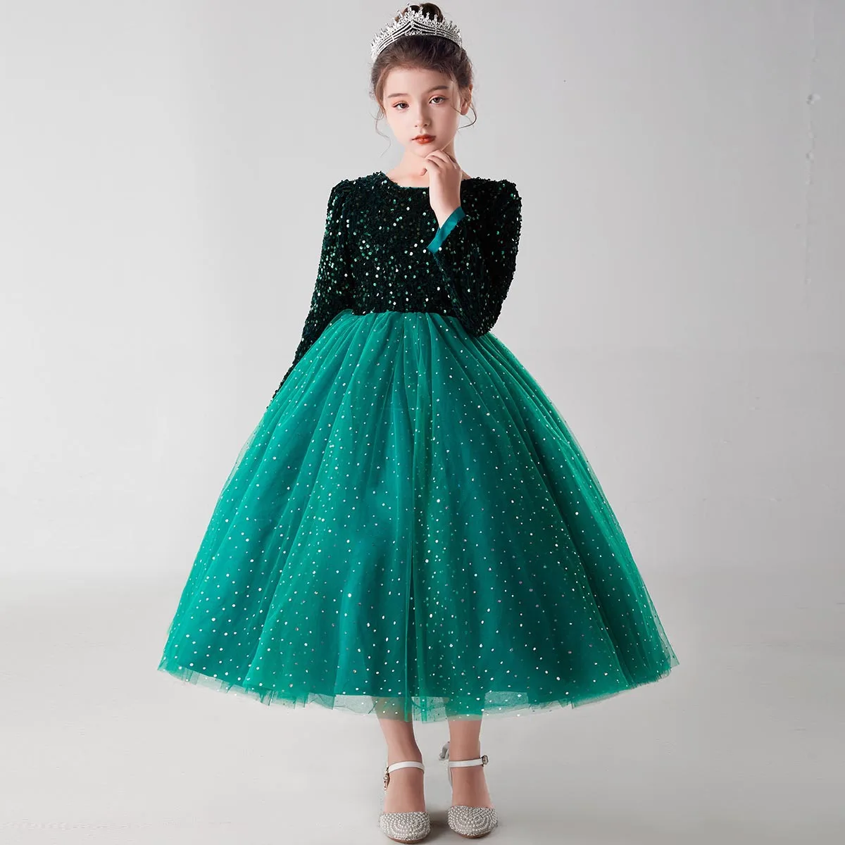 

It's Yiiya Customized Modest Flower Girl Dress Green Sequins Tulle O-neck Full Sleeves Princess Ankle-length Zipper Kids Gowns