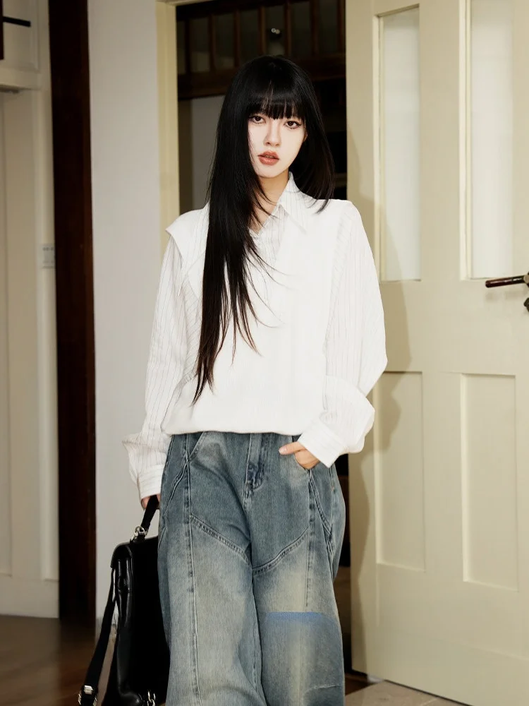 

Корейский полосатый вязаный свитер в стиле пэчворк для женщин, новый весенний дизайн, уникальный топ с асимметричным подолом и длинными рукавами