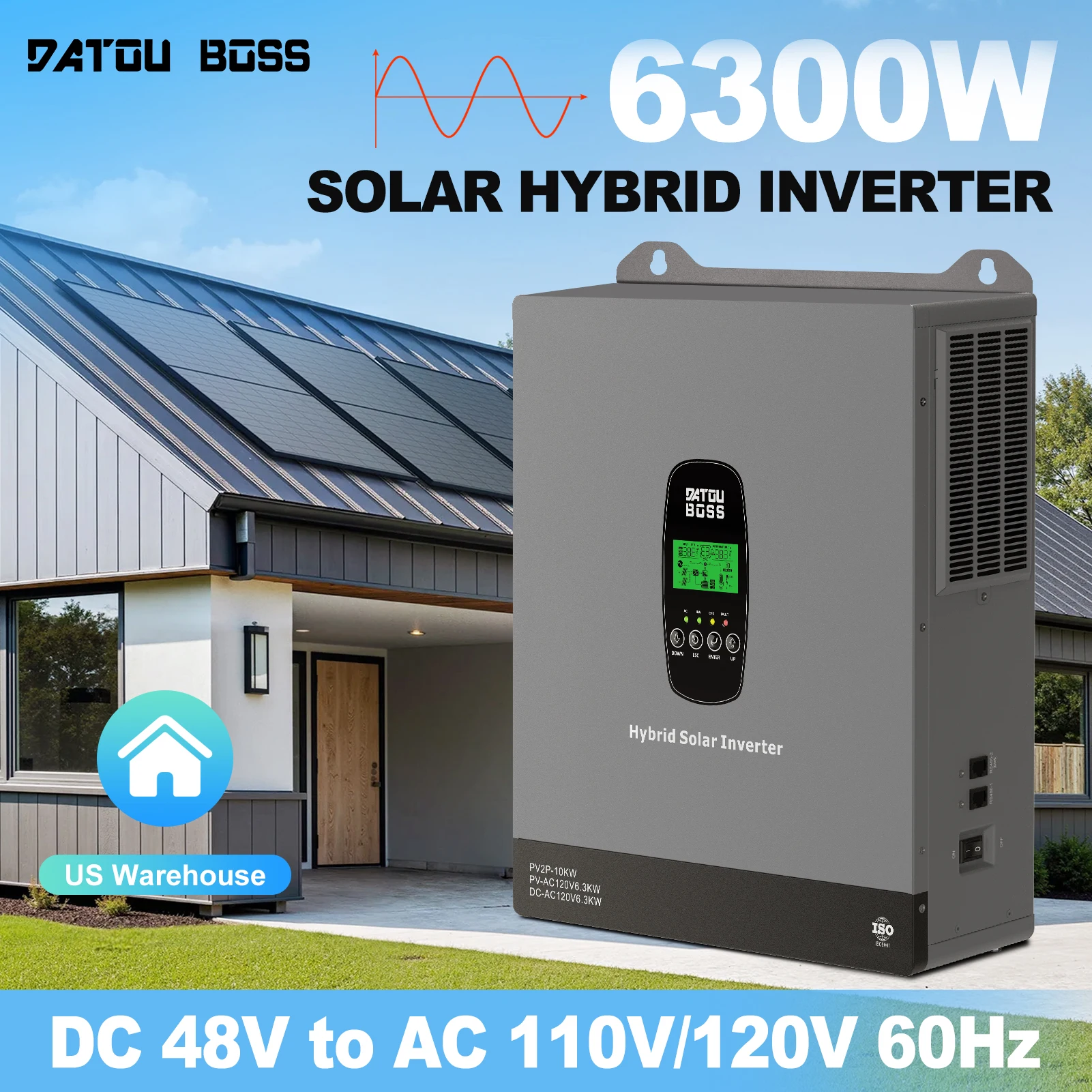 DATOUBOSS 6300W Hybrid Solar Inverter 48V Pure Sine Wave Inverter Charger Dual MPPT 10000W PV Input 120A Solar Charging Off-Grid UPS Backup
