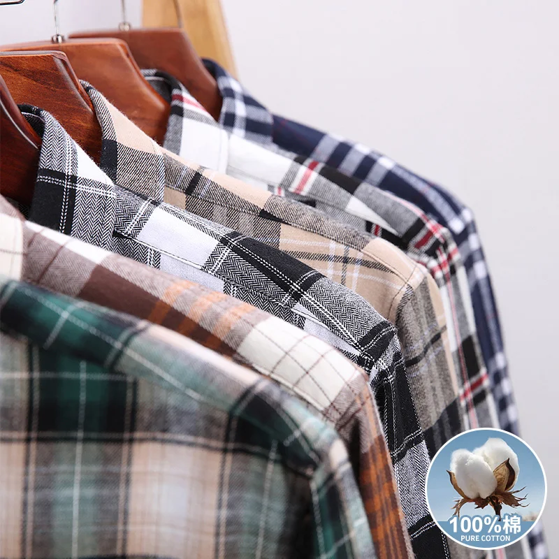 Men Fashion Long Sleeve Brushed Flannel Shirt Single Pocket Comfortable 100% Cotton Casual Slim Fit Button-down Plaid Shirts 8XL