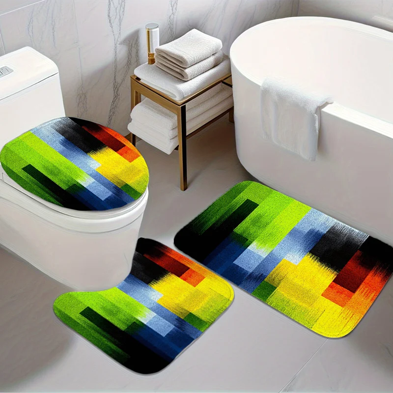 

Artistic Brushstroke Bath Set Three Piece Mat Toilet Lid Cover and U Shaped Rug Soft Flannel Non Slip Surface for Decorative Use