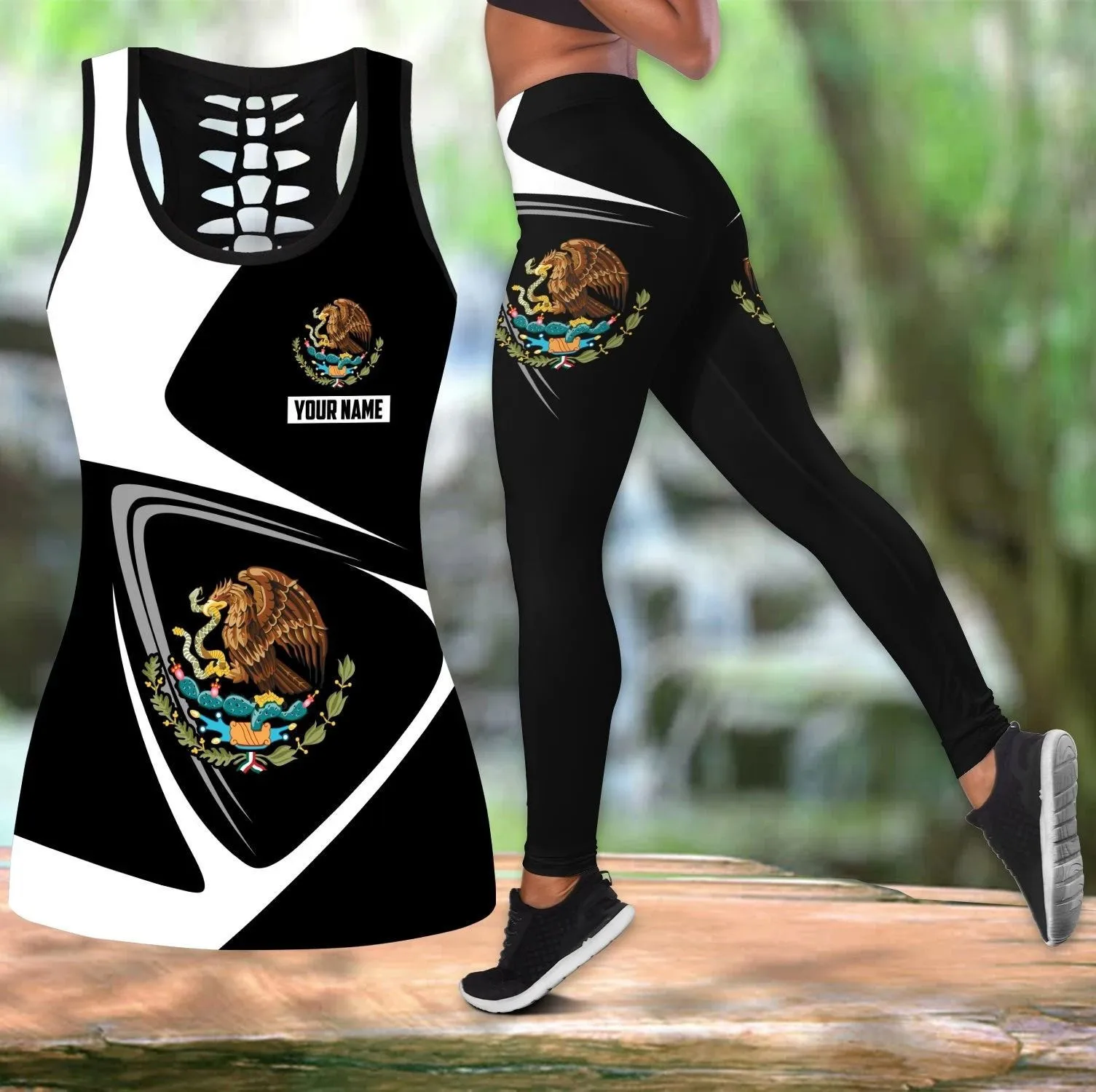 

Customize Mexico Coat Of Arms 3D Printed Hollow Tank Top & Leggings Set Fitness Female Full Length Leggings Yoga Pants YJK02