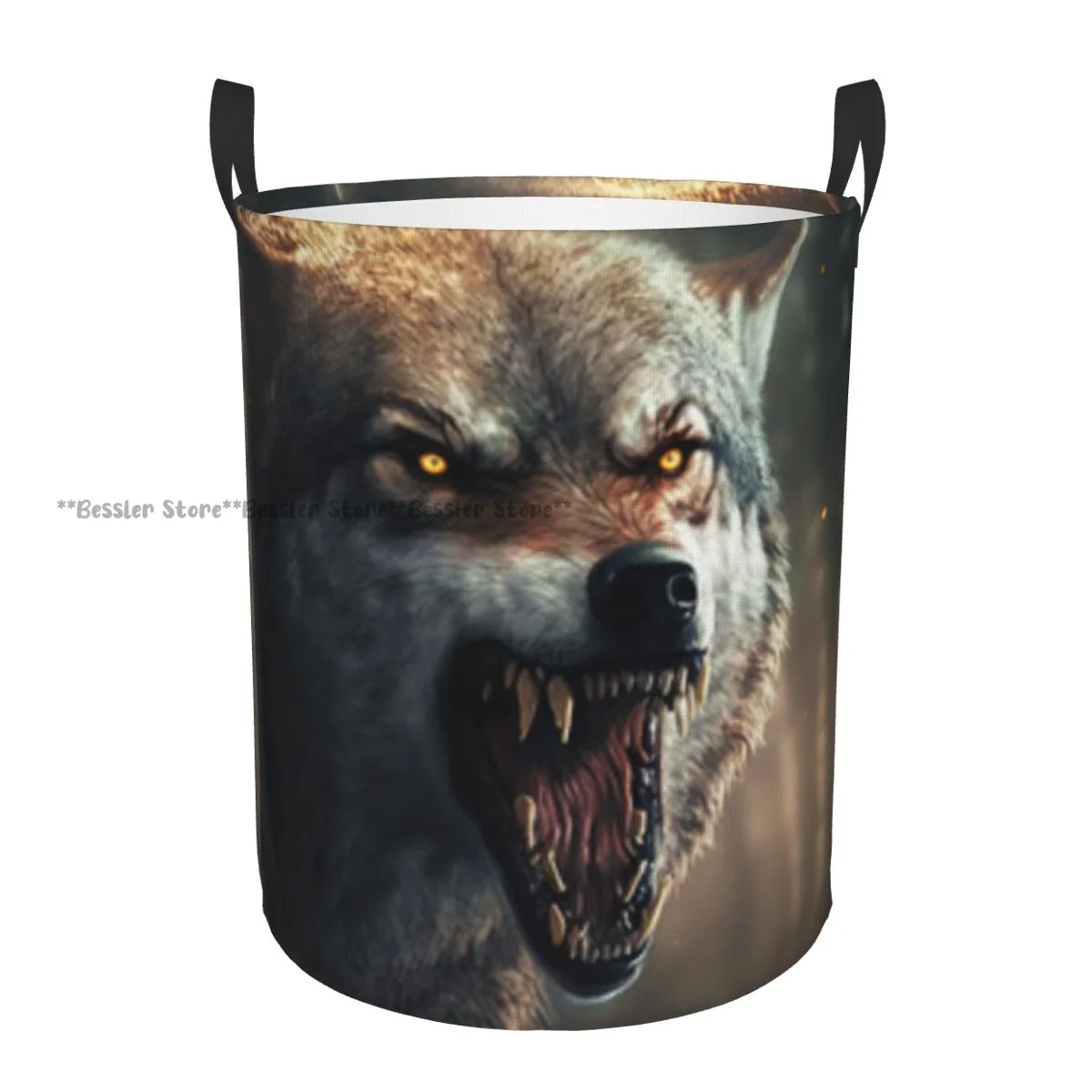 Folding Laundry Basket Wolf Head With Burning Eyes Dirty Clothes Storage Bucket Wardrobe Clothing Organizer Hamper