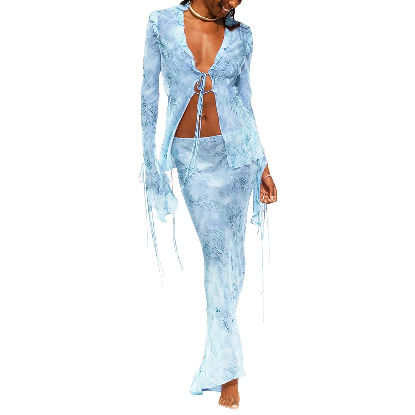 Y2K Fairy Grunge Beach Outfits Graphic Print 2 Piece Set Ruffles Mesh Front Tie Up T Shirts Crop Top + Maxi Skirt Bodycon Women view 6