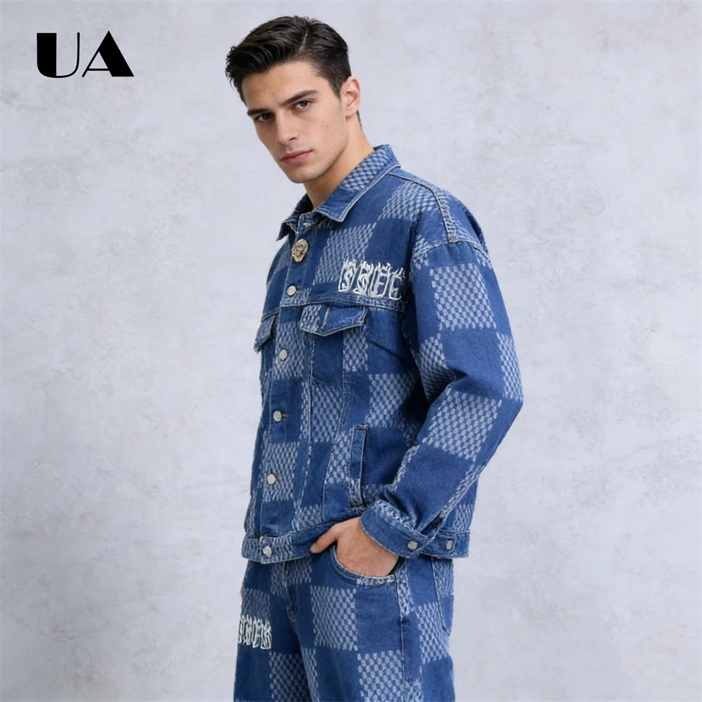 Men's Denim 2-Piece Set: Oversized Checkered Jacket & Wide-Leg Pants with Embossed Lettering, Retro Blue Plaid Pattern