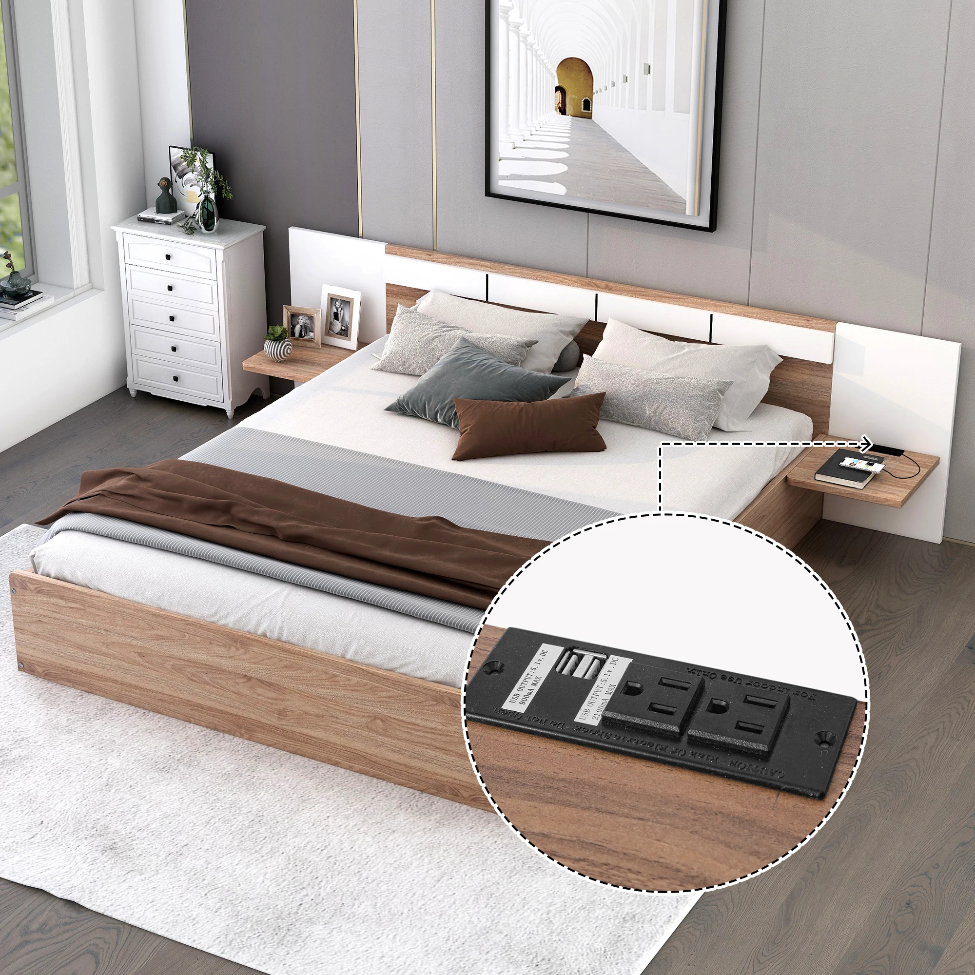 Queen Size Platform Bed with Headboard, Drawers, Shelves, USB Ports and Sockets, Natural Finish   81.90x91.50x22.80 in.