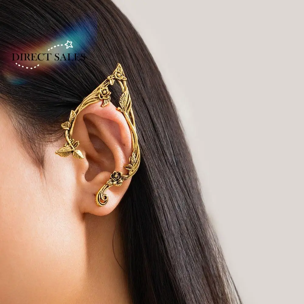 Retro Alloy Elf Ear Clip Korean Style Outline Rose Flower Hollow Ear Clips Single Side Earrings Ear Cuff Ear Hook Girls Gift